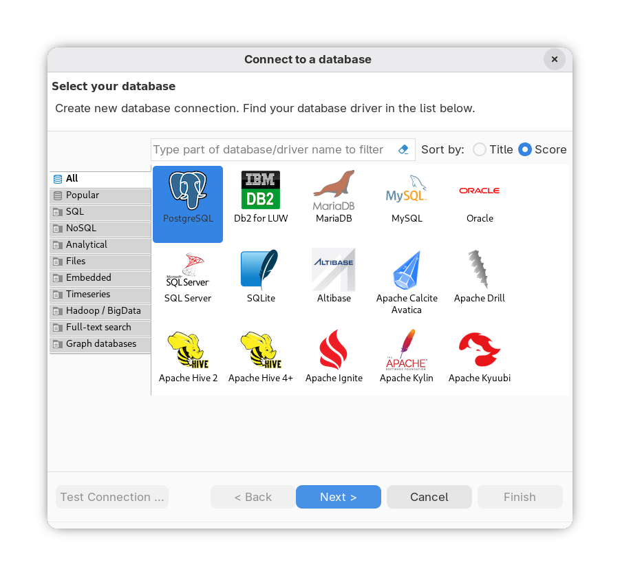 DBeaver&#39;s connection setup screen, showing the option to install the
PostgreSQL driver